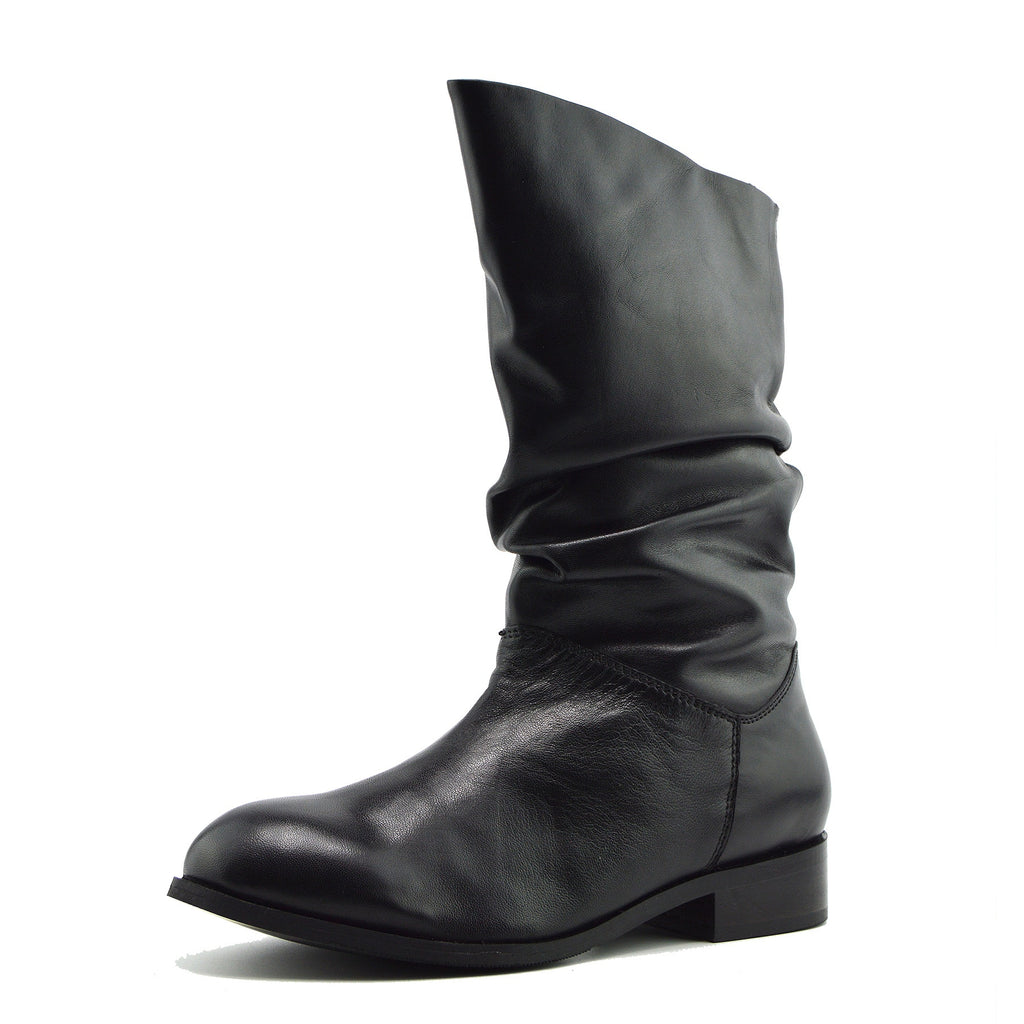 slouchy mid calf leather boots