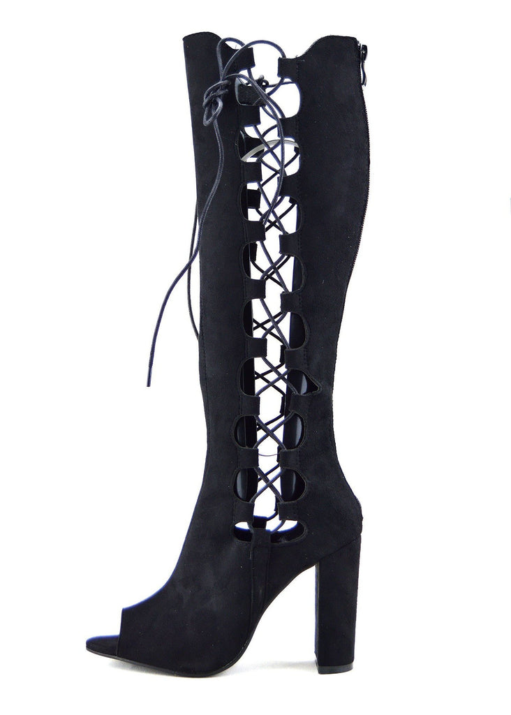 open toe lace up knee high boots