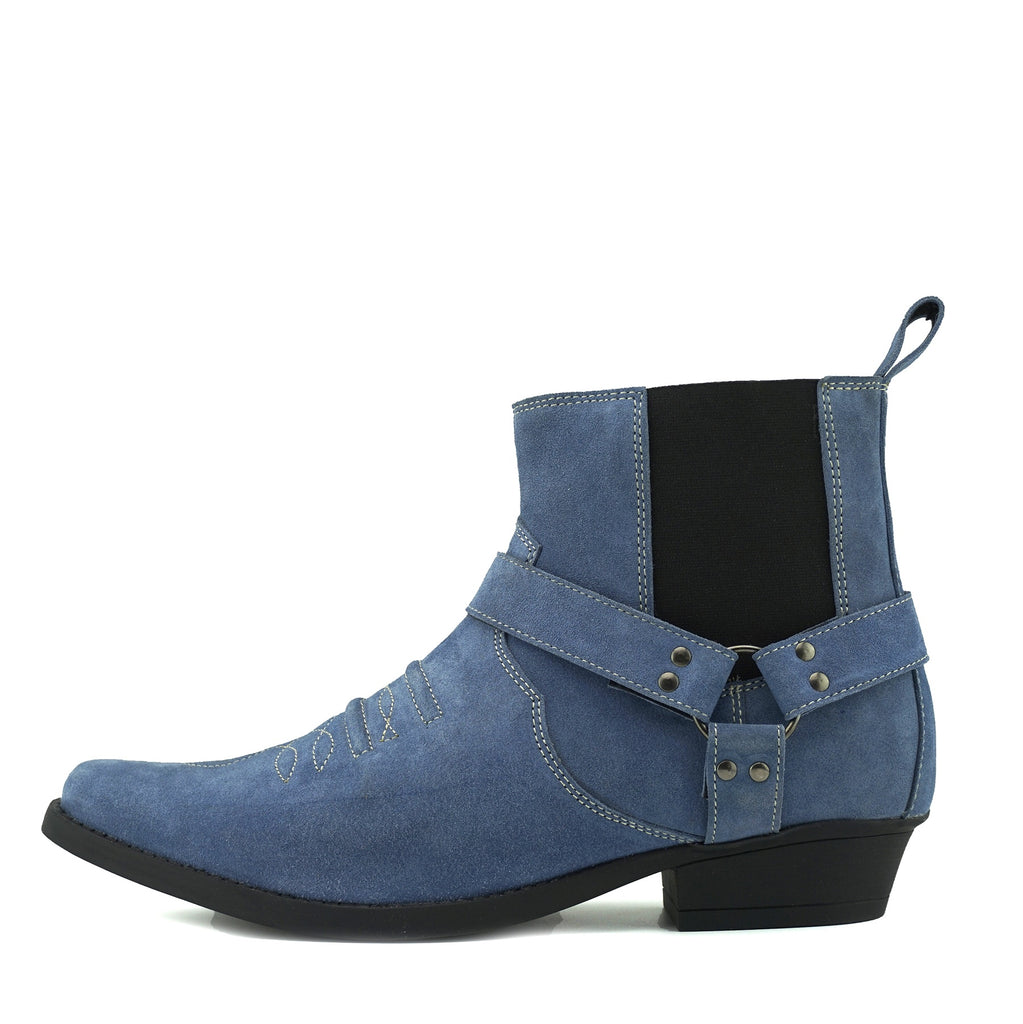 blue suede cowboy boots