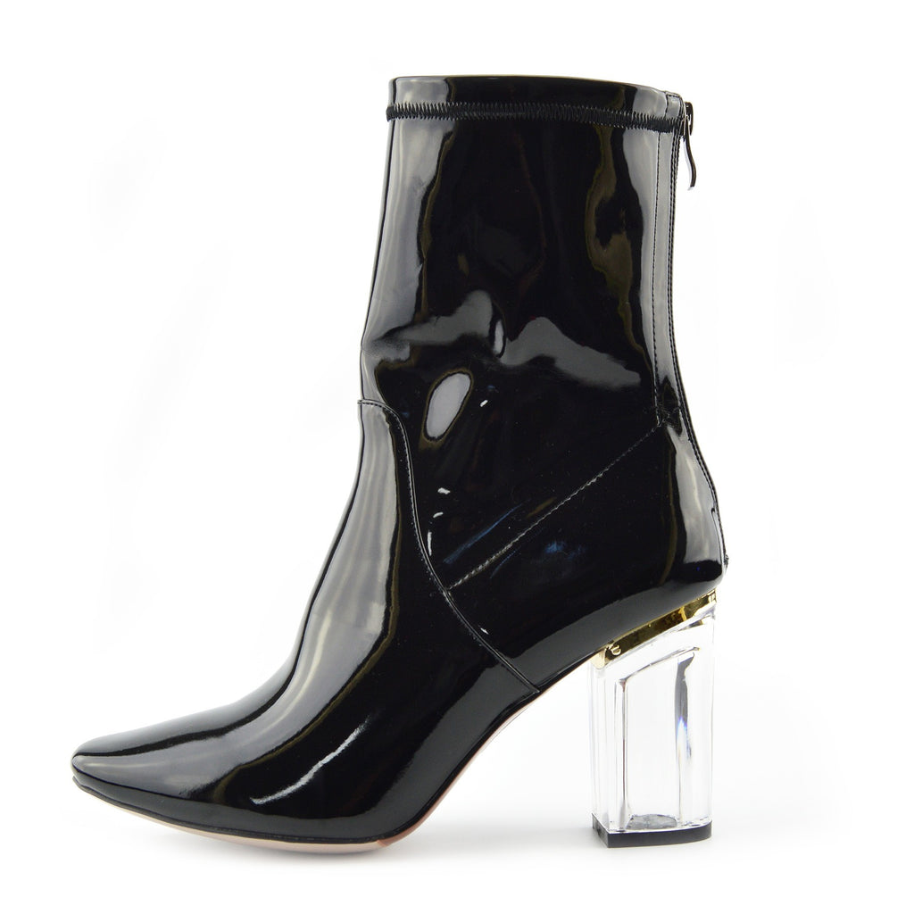 black patent block heel ankle boots