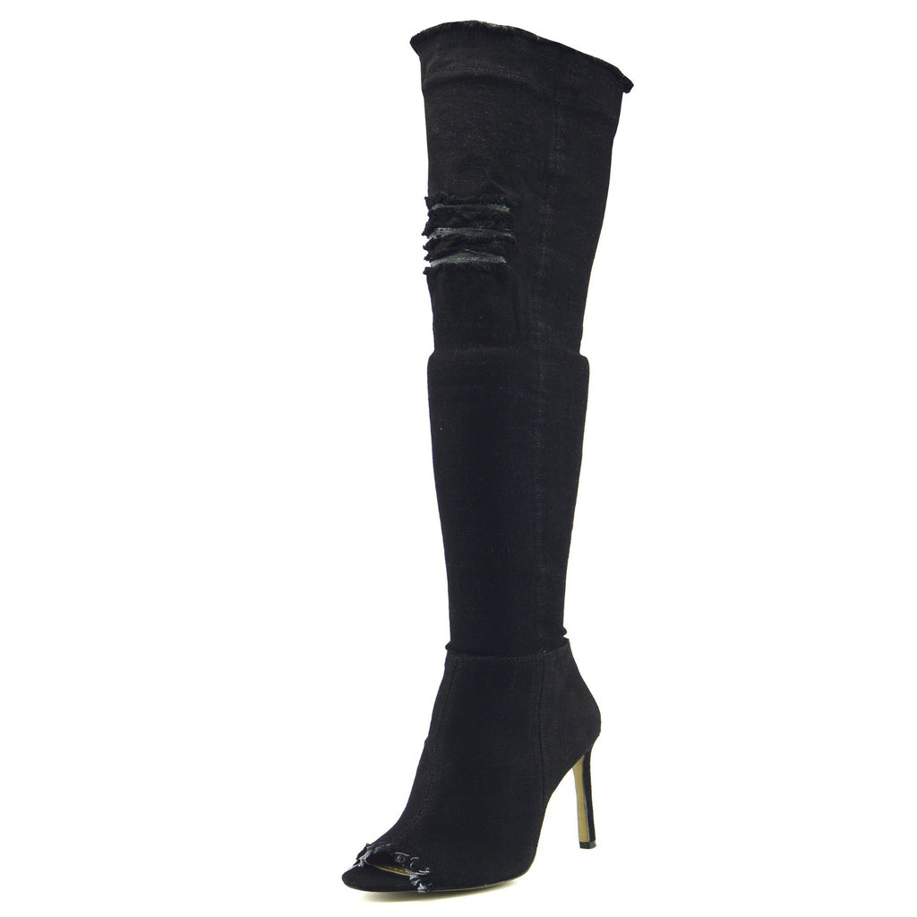 open toe black knee high boots