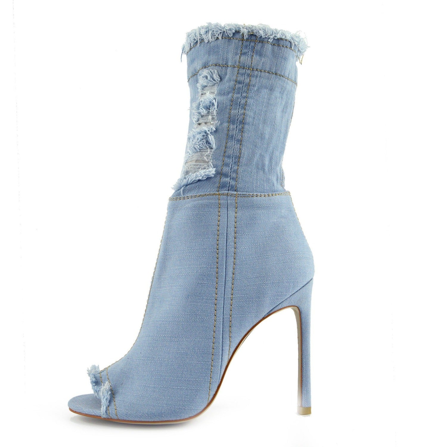 Jade Stretch Peep Toe Sock Ankle Denim Boots - Light Blue Denim ...