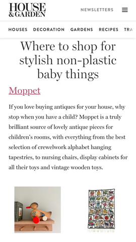 Moppet wall hanging tapestry and vintage wooden toys in House & Garden magazine