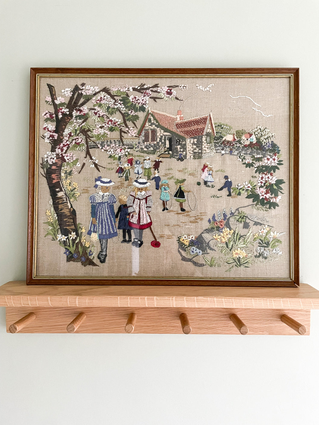 Vintage framed embroidery children playing in a school playground with blossom and spring flowers - Moppet