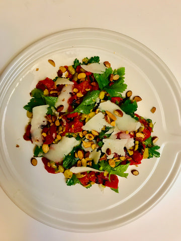 Fava bean salad with almonds, roasted red peppers, parsley, and manchego cheese