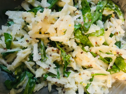 Celery root and tarragon tossed with greek yogurt and grainy mustard