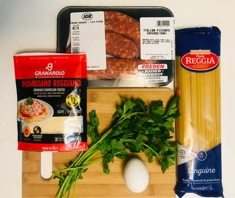 Ingredients for easy sausage carbonara