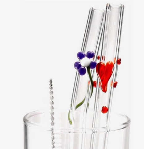 Glass Straws with heart and flower