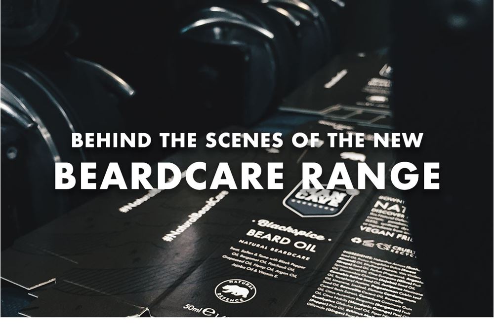 Title image 'Behind the scenes of the new beard care range' depicting the making of a ManCave Beard Oil box