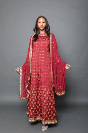 Silk Maroon Red Embroidered Gown