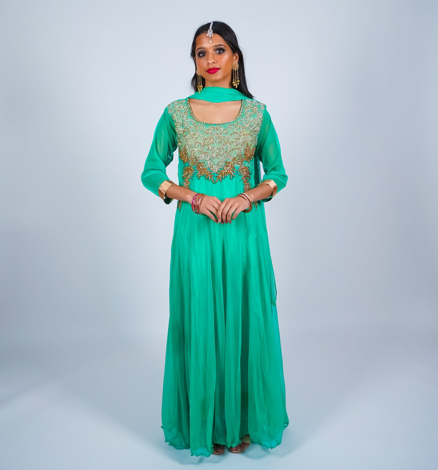 green and gold anarkali