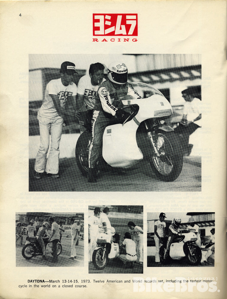 Kawasaki speed challenge at Daytona Speedway, March 1973. The fully faired Z1 ridden by Yvon Duhamel was fitted with a Yoshimura-tuned engine, and Fujio supported the event as a mechanic.