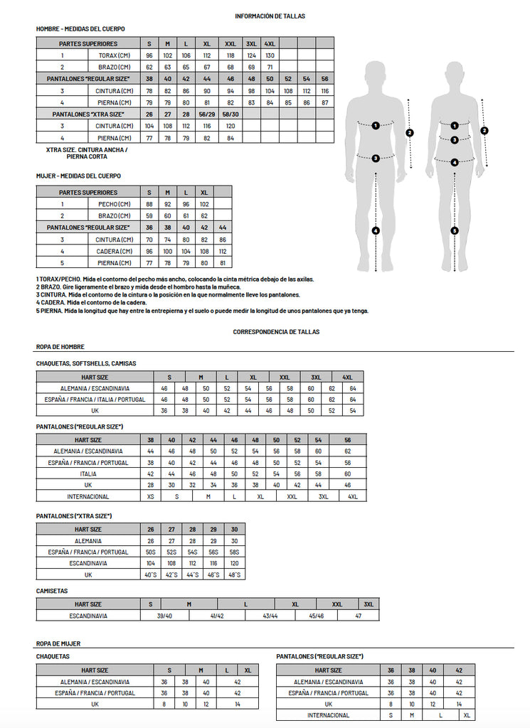 Tabla de tallas ropa Hart