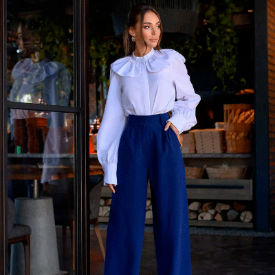Anscel - Look 1 pleated pants or palazzos with a navy-blue long-sleeved shirt