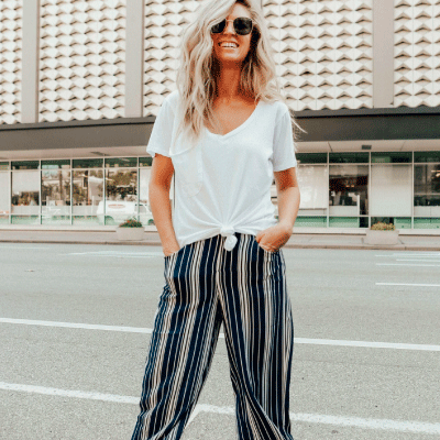 Anscel - Look 3 palazzo pants with a long-sleeved white shirt