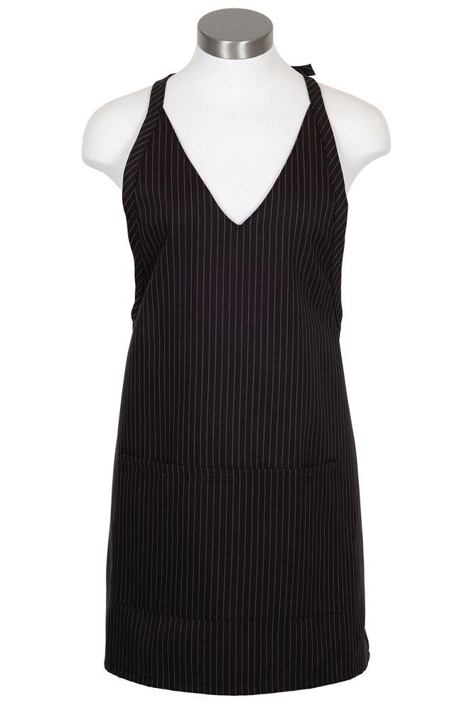 Black V-Neck Pinstripe Bib Adjustable Apron (2 Patch Pockets ...