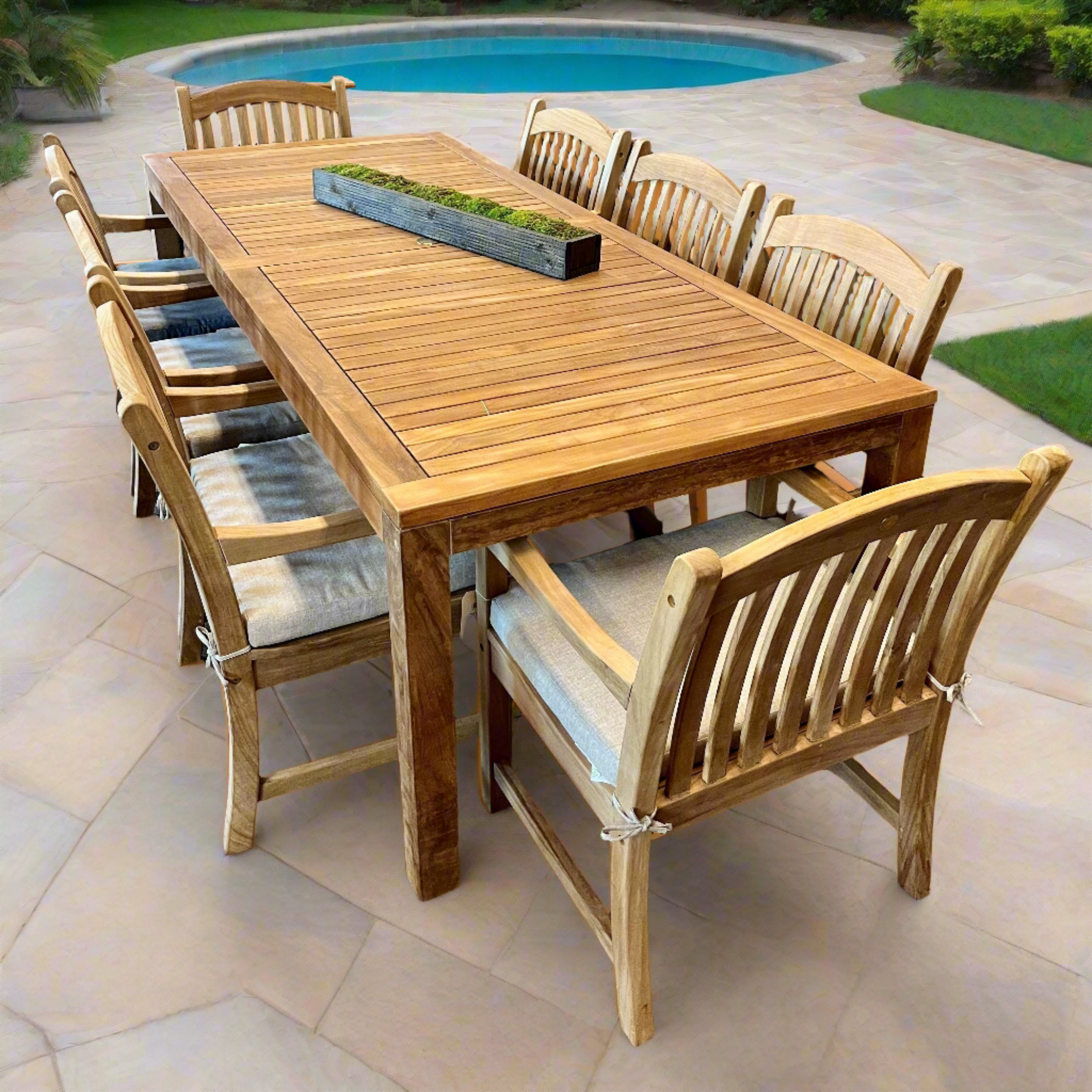 Rinjani Teak 7pc Outdoor Dining Set (Teak 94" Rectangular Table with 6 Tista Teak Armchairs +FREE Cushions +FREE Umbrella +FREE Cover)