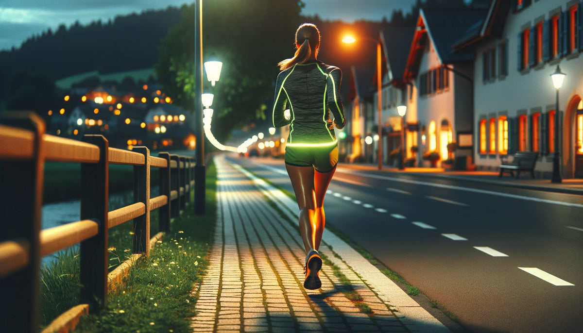 Woman running in the dark on the sidewalk