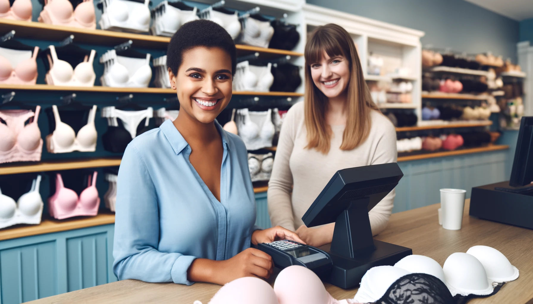 Two happy women standing at a cash register in a lingerie shop