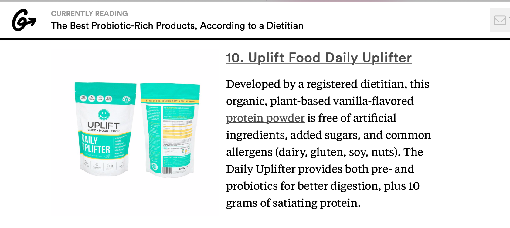 Uplift Food Daily Uplifter best probiotic product prebiotic registered dietitian psychobiotics greatist.com