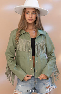 Faux leather fringe jacket