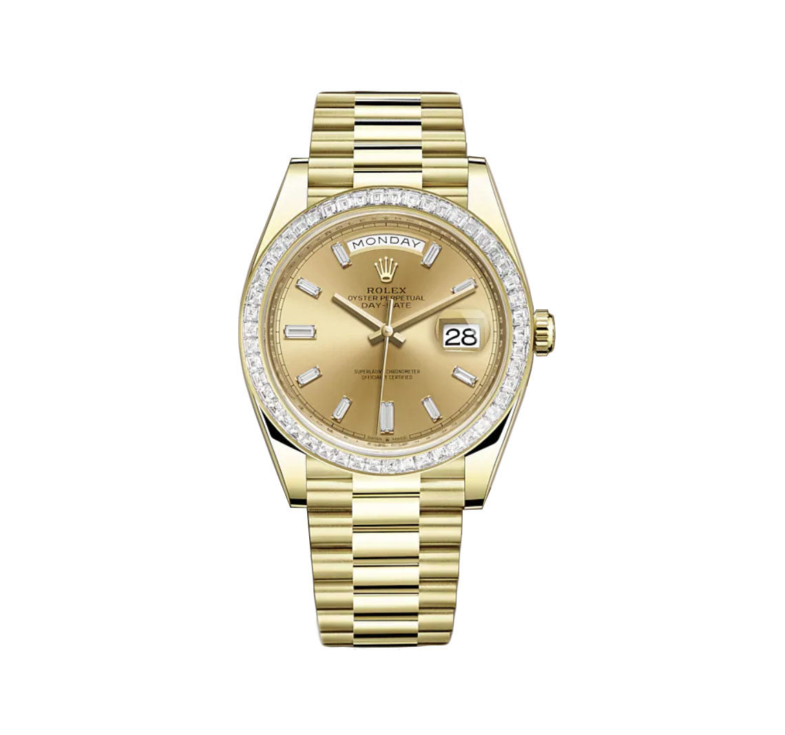 Rolex Day-Date 40mm 18k YG Baguette Bezel Champagne Baguette Diamond ...