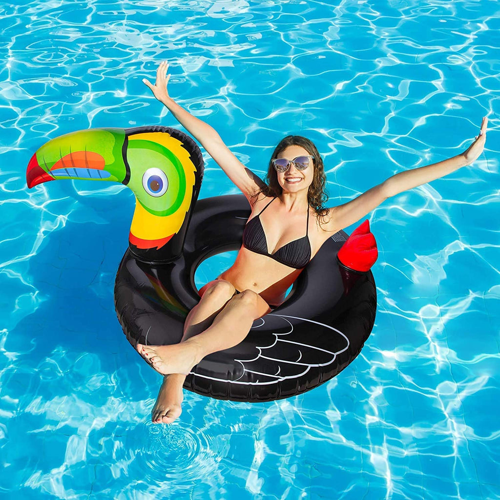 Tropical Toucan Inflatable Pool Float Ride On Beach Swimming Ring - Hawaiian Luau Themed Water Toys Party Supplies for Kids Adults