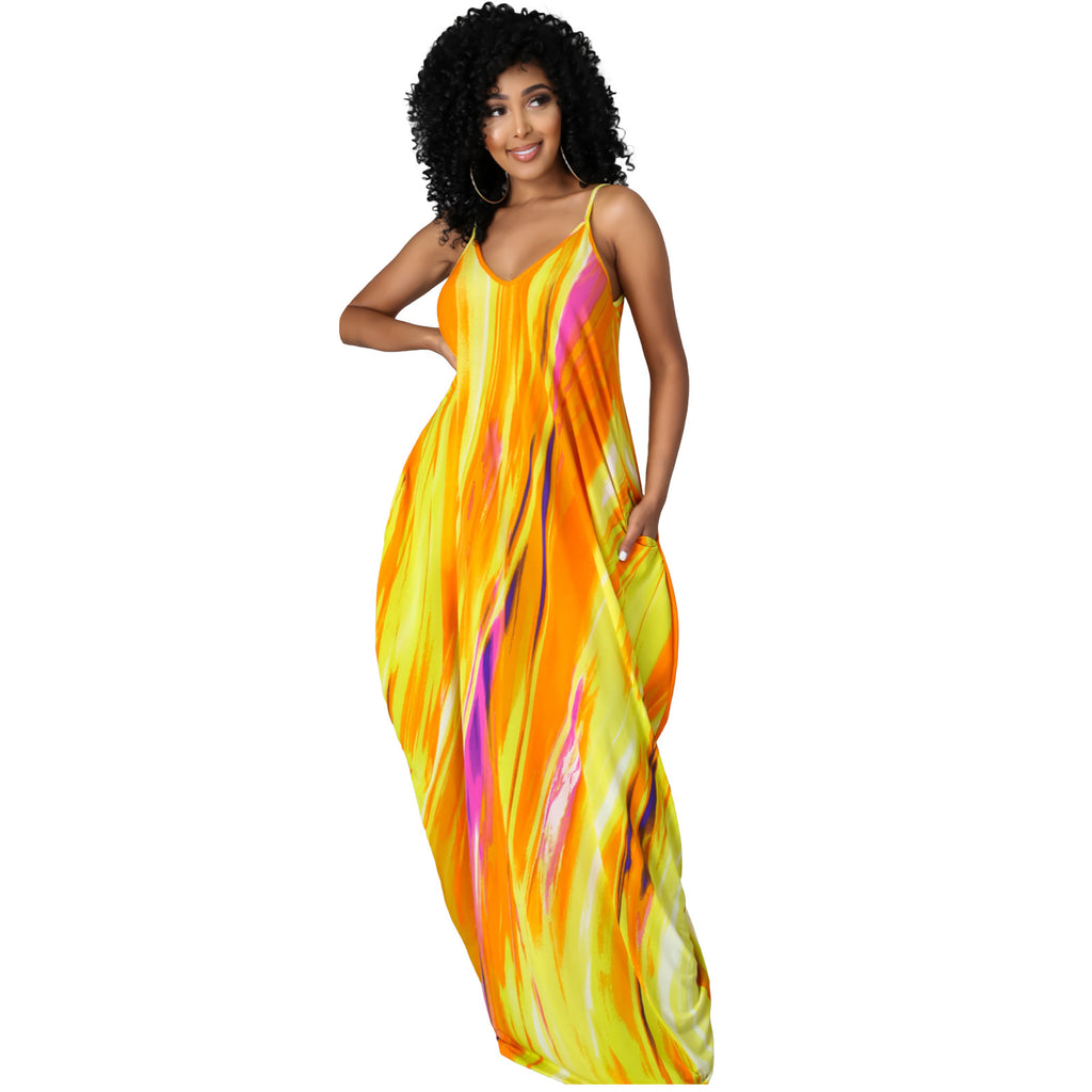 Bestseller Tie-Dyed Colorful Printing Strap Loose Dress