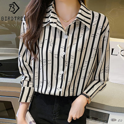 Women's Long Sleeve Shirts Geometry Striped Turn Down Collar Buttoned Up Workwear Office Chiffon Blouses Shirt Fall Spring 2022