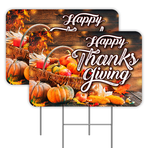 Happy Thanksgiving 2 Pack Double-Sided Yard Signs 16" x 24" with Metal Stakes (Made in the USA)