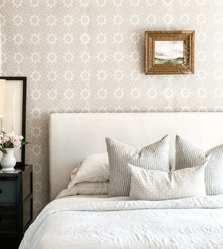 Greige Textiles Introduces Wallcoverings Ciennese Quail wallpapered bedroom interior design 