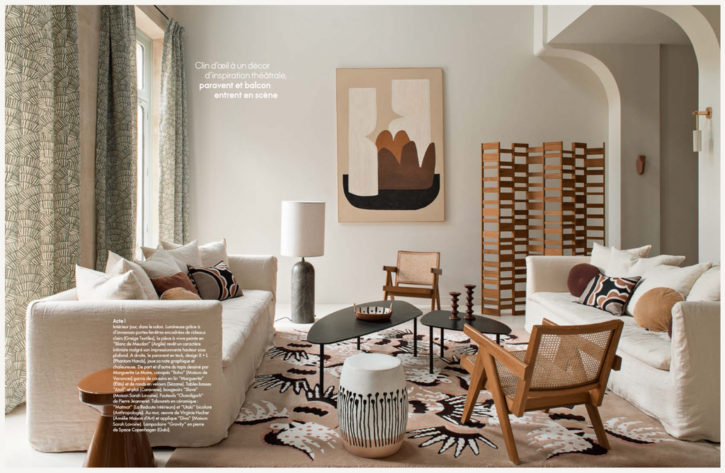 greige textiles elle decor France January 2023 We are so honored to be a part of this project with GCG Architects featuring our FAN in Moss on Oyster
