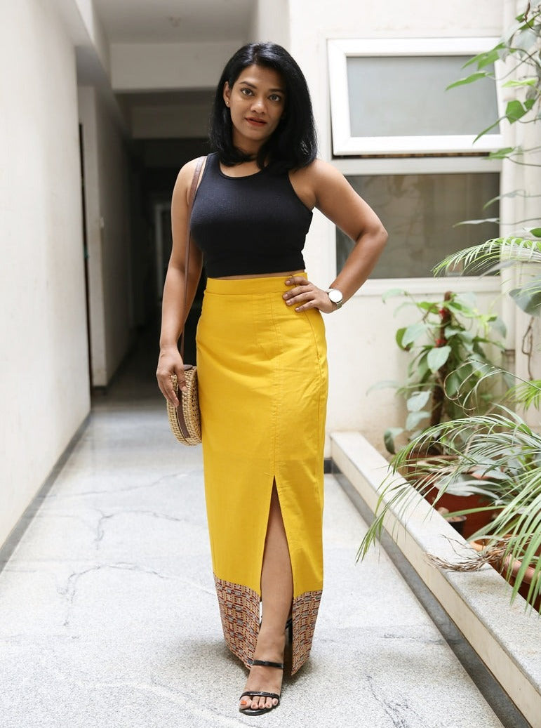 Mogra Yellow Handloom Cotton Maxi Skirt With Block Printed Border –  Madhurima Bhattacharjee