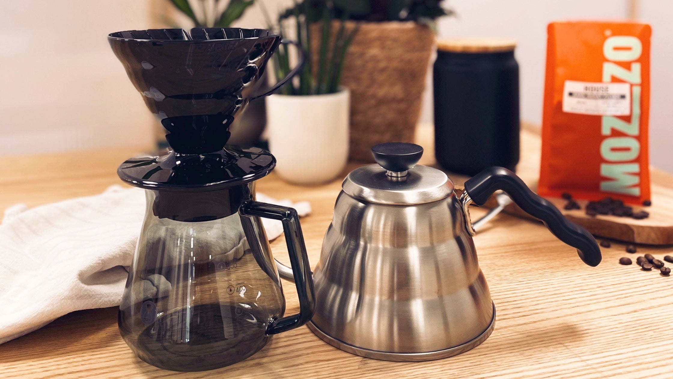 V60 brewing kit with a Mozzo coffee bag