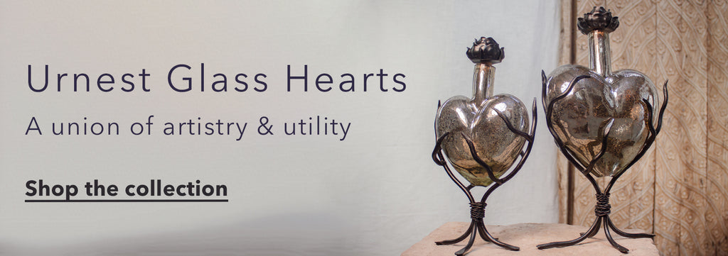 Heart shaped glass urns vintage mercury glass color.