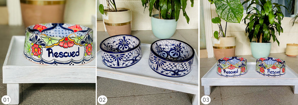 Talavera Dog Bowls arranged outdoors on custom made stand