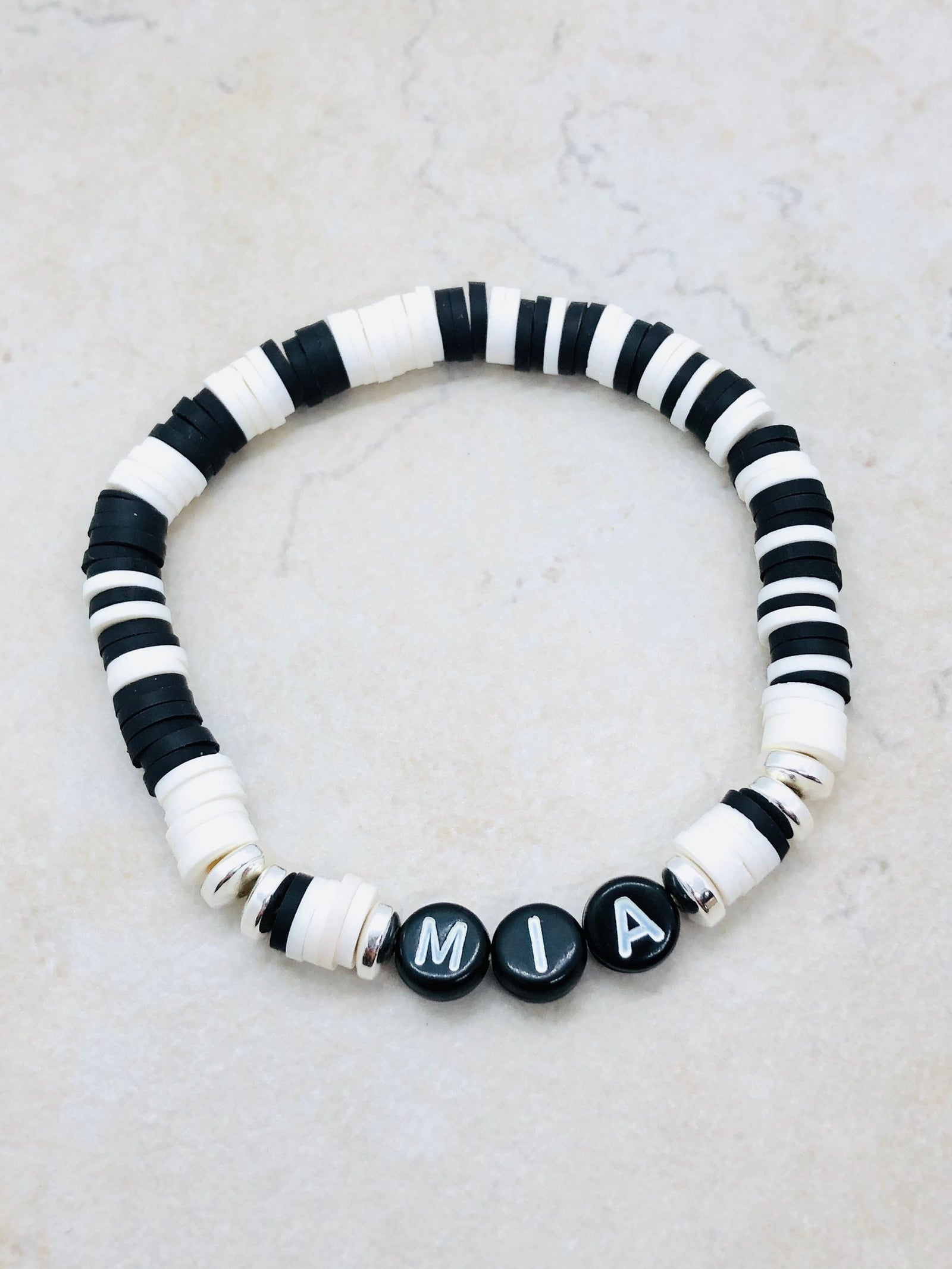 Customized Stretch Beaded Bracelets Kids - Black Beads White Letters