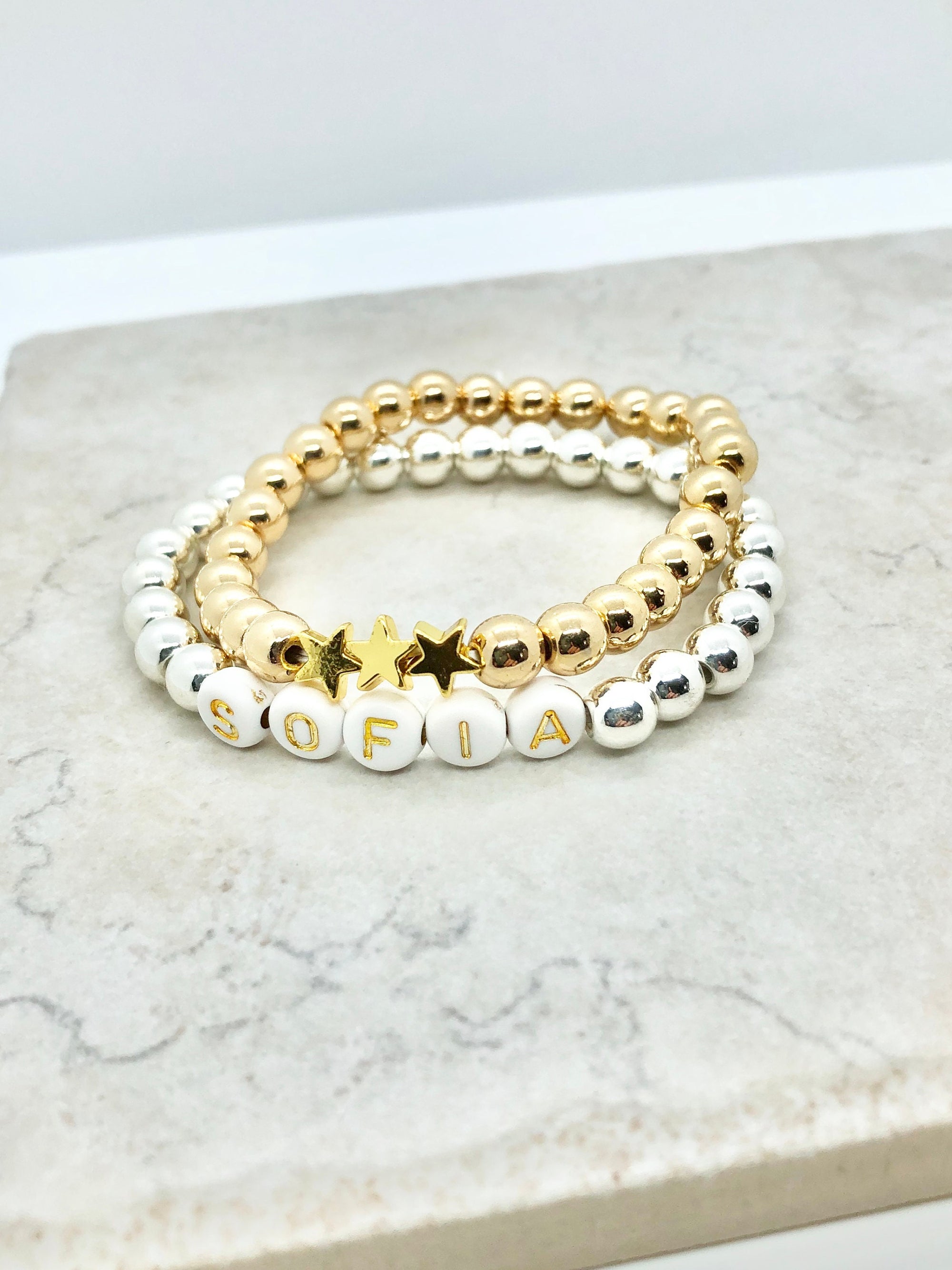 Boys Name Bracelet - Wood Beads - White/Gold Name Letters