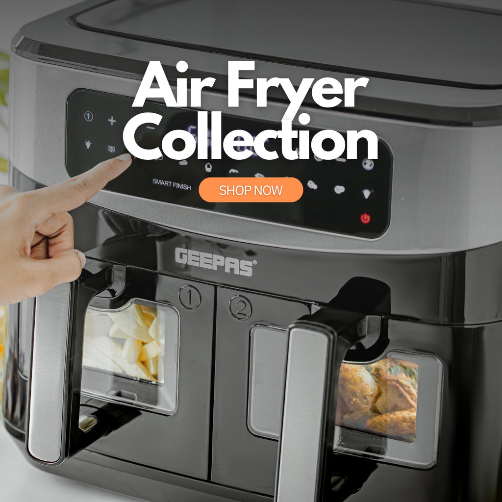 The image shows of a dual basket air fryer and a hand pressing the different settings on the screen