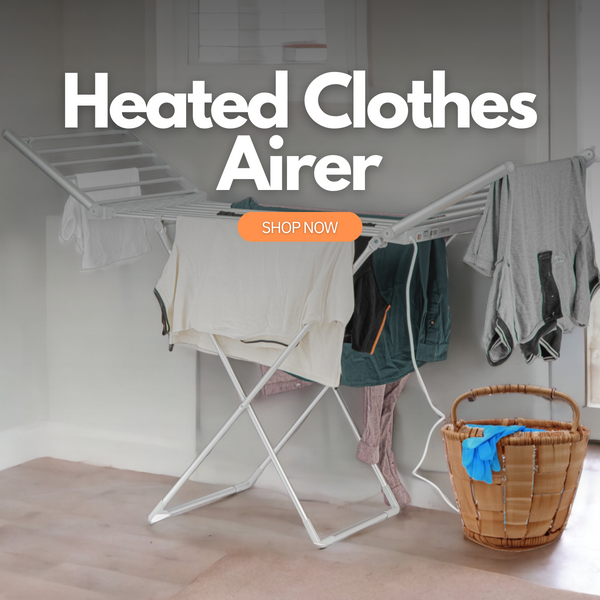 The heated airer with a bunch of clothes on it in the laundry room