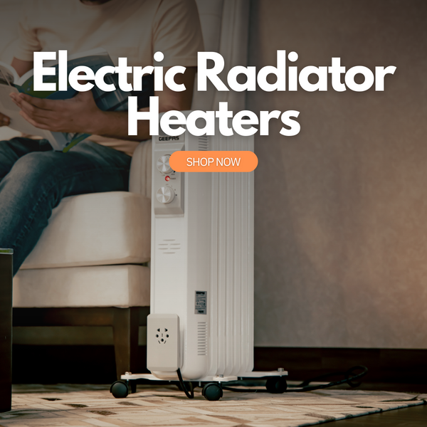A 7-fin electric radiator heater in a living room with a person sitting on the couch behind it reading a magazine