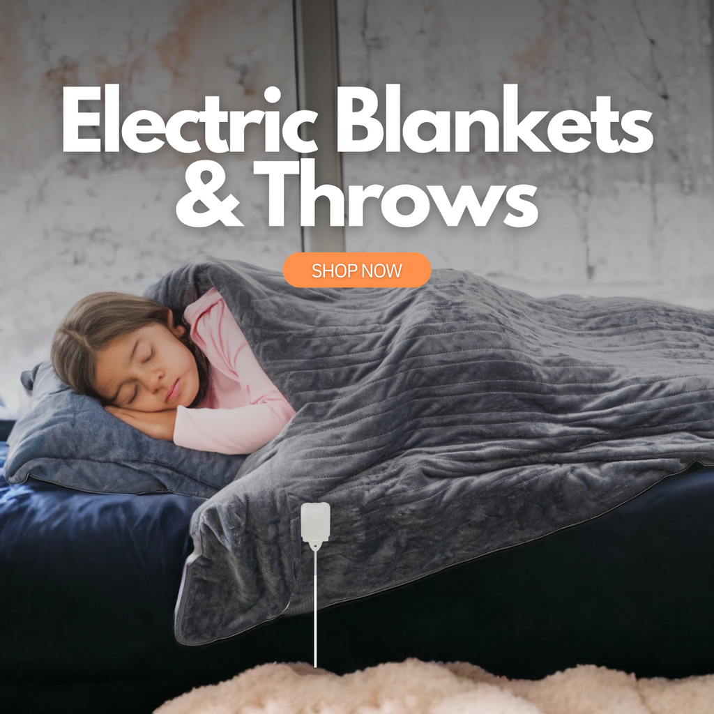 A child lays in bed with the electric heated throw on top of her showing off the thermostat and and the remote control operation of the blanket