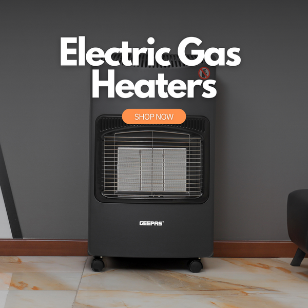 A portable electric gas heater in a large living room with text above it leading to the portable gas heater collection