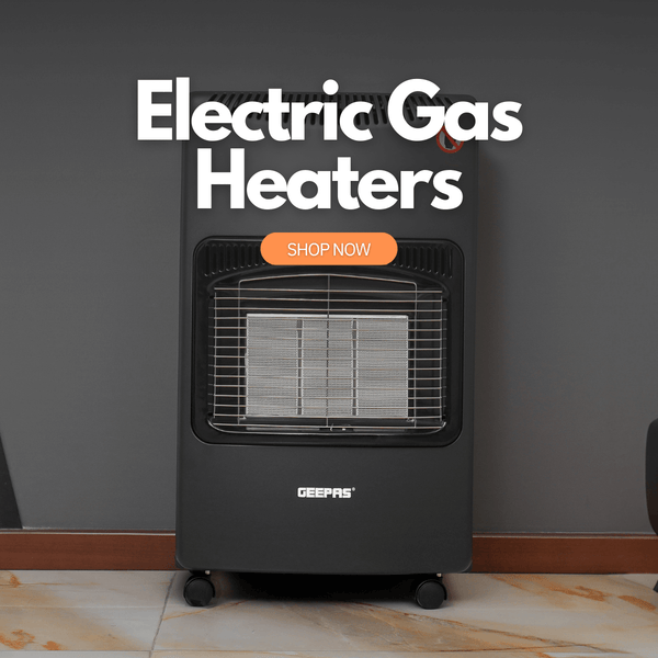 The banner shows off the electric gas heater on a commercial floor with the text leading to the main collection