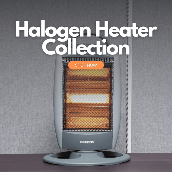 The image shows off a halogen heater on top of a bedside table