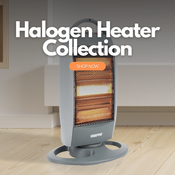 The image shows off a halogen heater on top of a bedside table