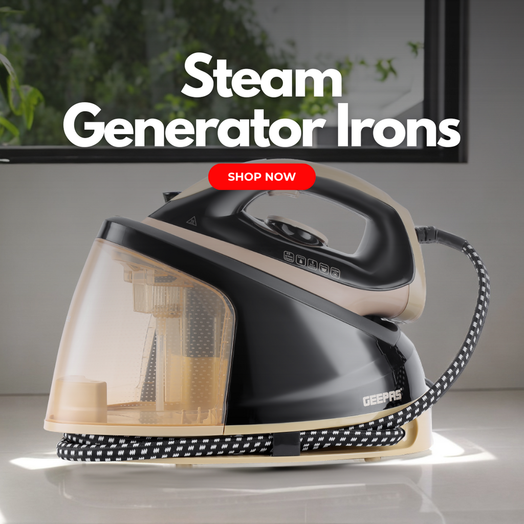 A large steam generator iron on top of a countertop with the window behind showing a sunny day outside