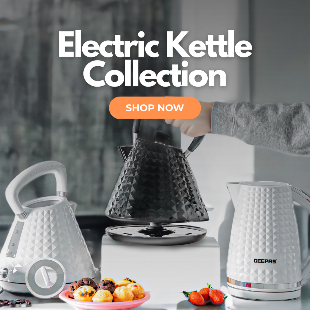 Three different electric kettles on top of a kitchen countertop, two different pyramid shaped kettles in white and black and a long kettle besides them.