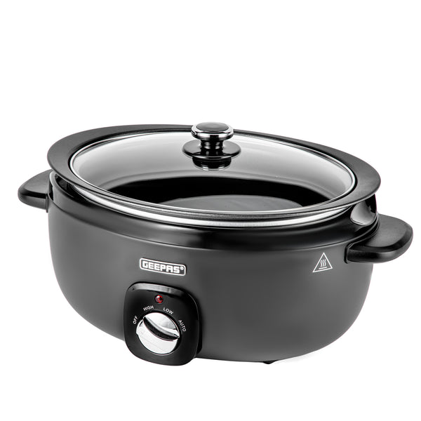 6.5 litre charcoal black elegant slow cooker on a white background.