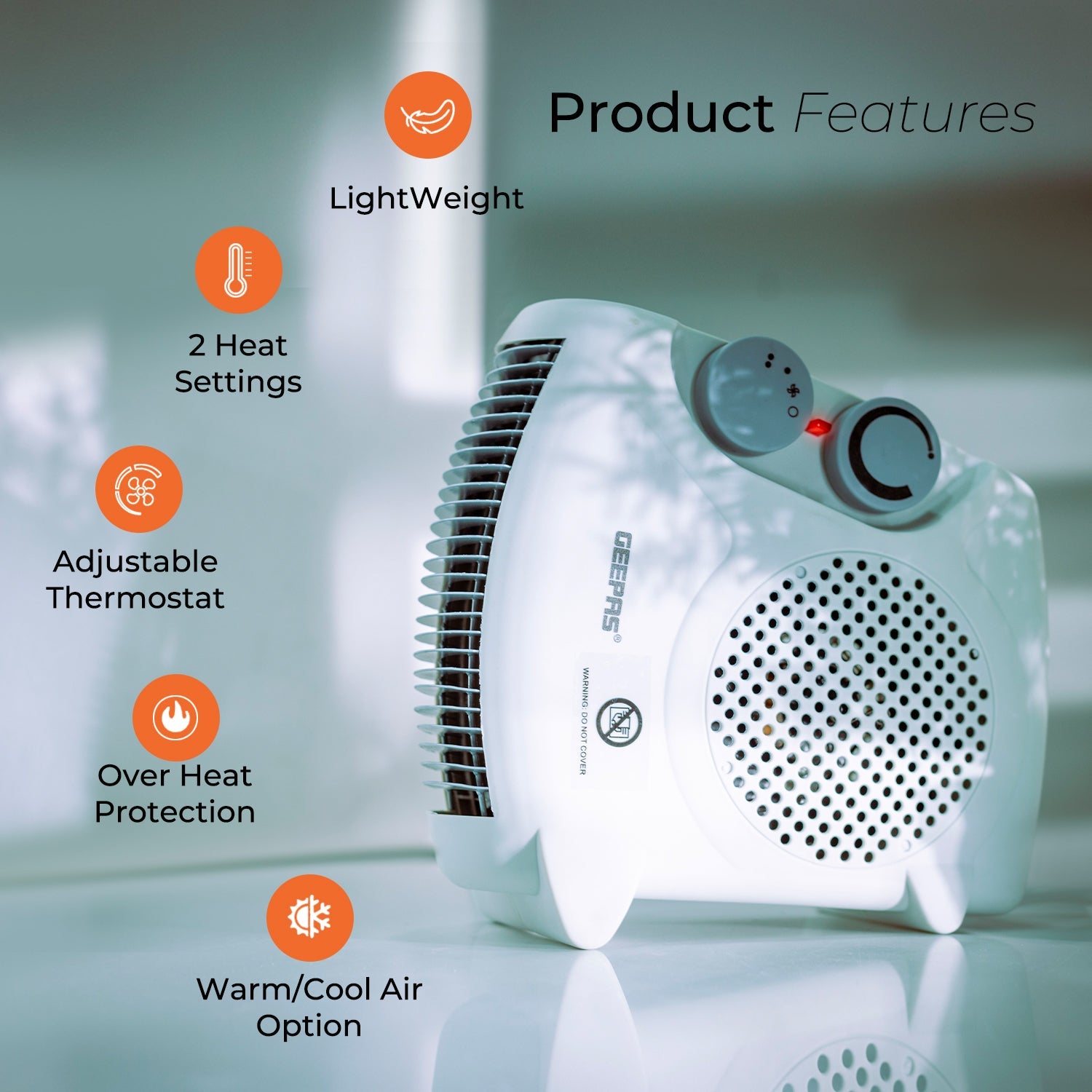 Warm & Hot Wind Lightweight Heater with Cool 2 Years Warranty Adjustable Thermostat with 2 Heat Settings 1000-2000W & Overheat Protection Geepas Portable Flat Fan Heater Upright or Flatbed 
